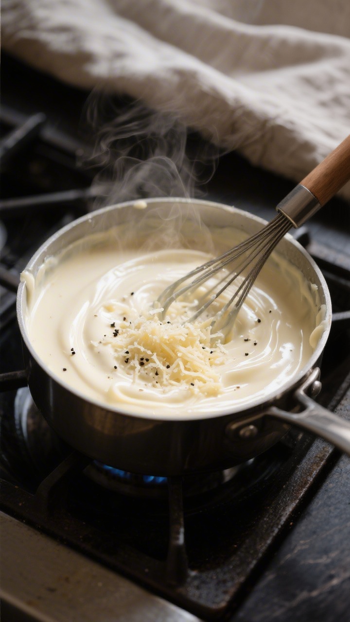 Close-up detail: Silky low carb Alfredo sauce being whisked in a small saucepan over low heat, butte