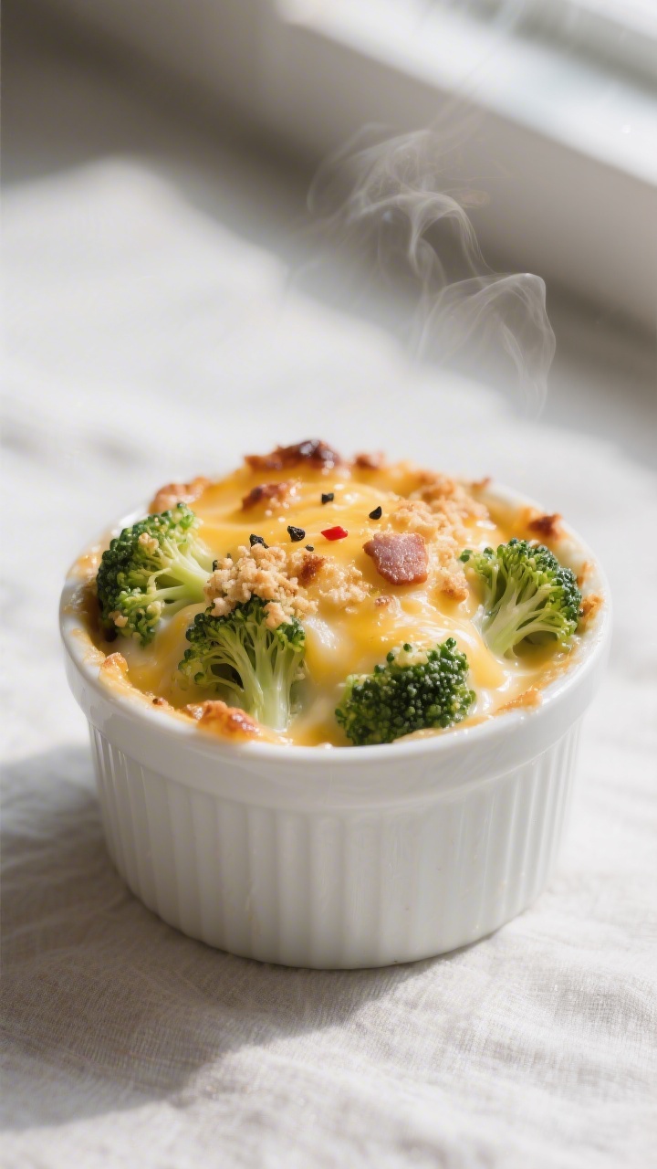 Close-up detail: Single-serve keto broccoli casserole just out of the oven in a small 8–10 oz whit