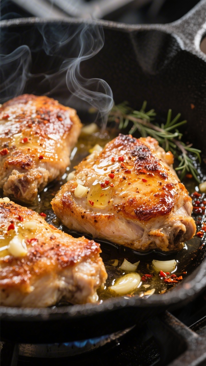 Close-up detail: Sizzling garlic butter chicken thighs in a black cast-iron skillet, skin-side up af