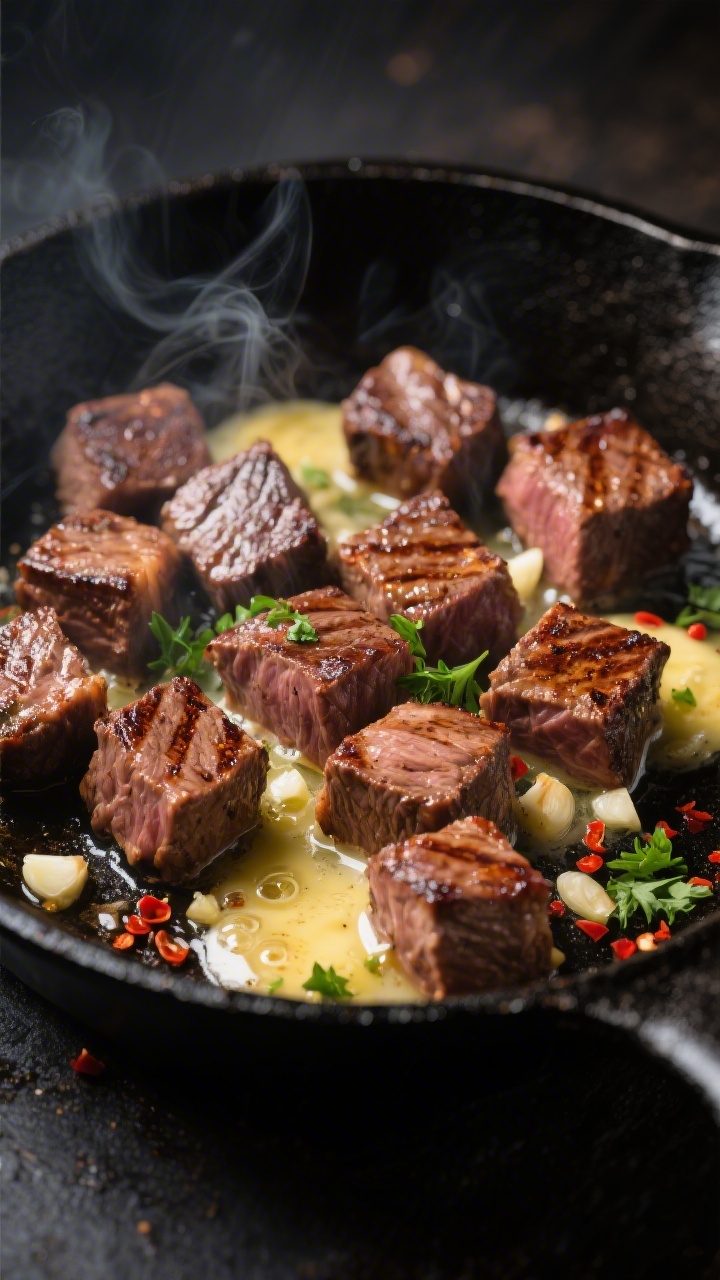 Close-up detail: Sizzling garlic butter steak bites in a black cast-iron skillet mid-cook, browned c