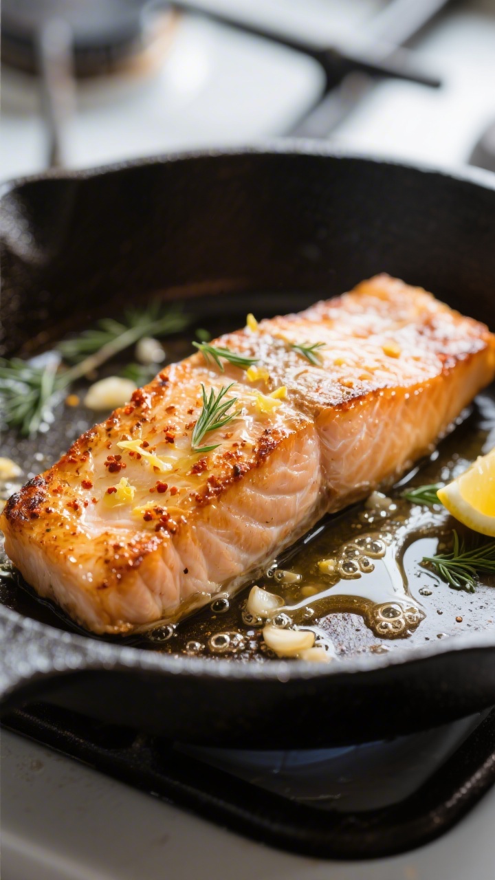Close-up detail: Skin-on salmon fillet just seared in a cast-iron skillet, skin crackling and ultra-