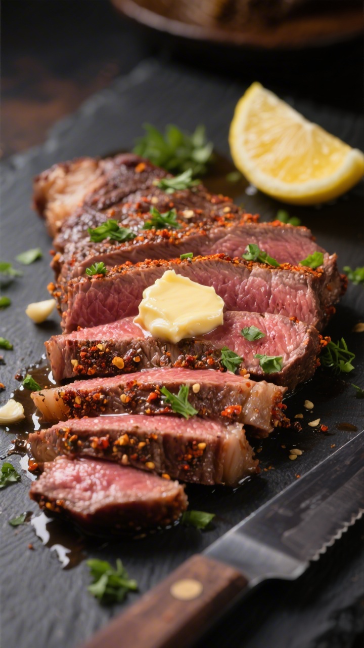 Close-up detail: Sliced tri tip steak, cooked medium-rare (center 125–130°F), showing a rosy inte