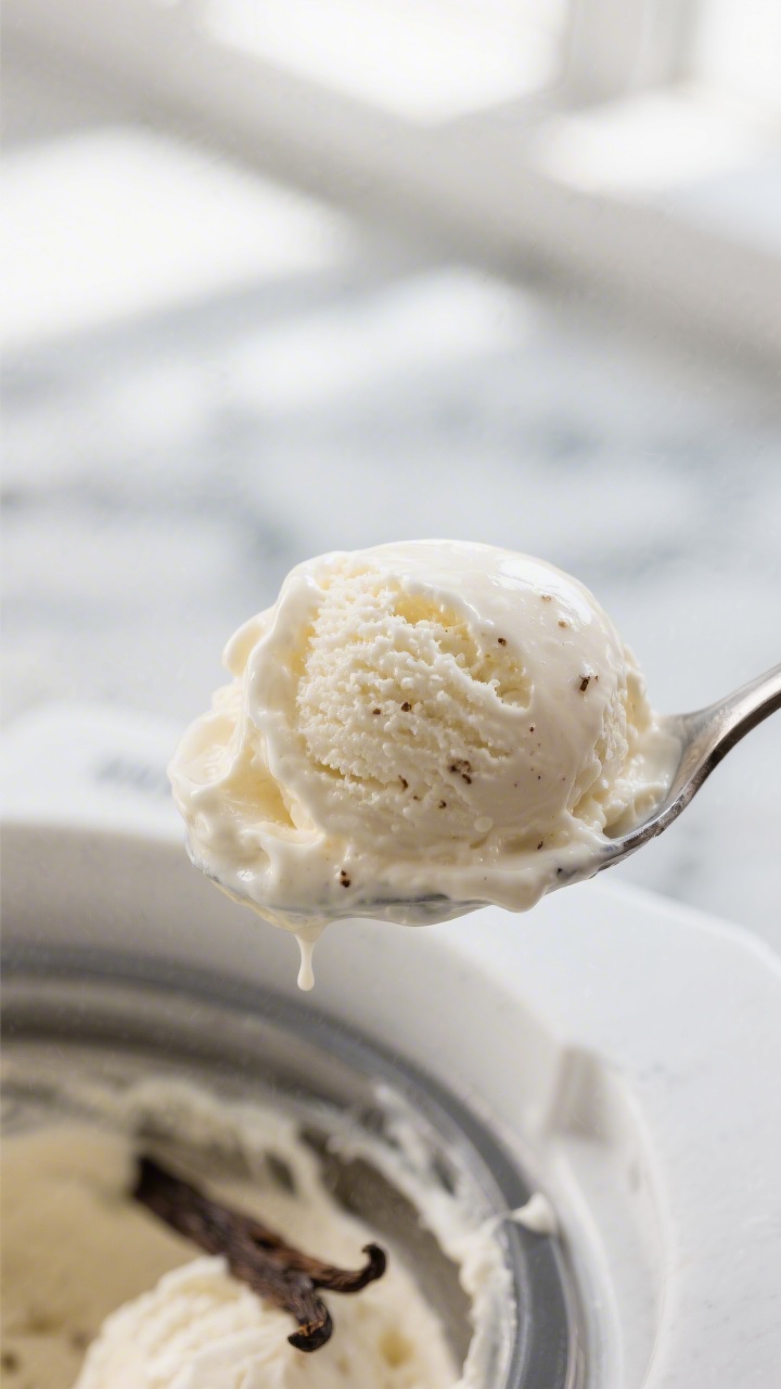 Low Carb Ice Cream - A Creamy Treat Without the Sugar Crash 2 Close-up detail: Spoon scooping creamy low carb vanilla ice cream at soft-serve stage right out of t