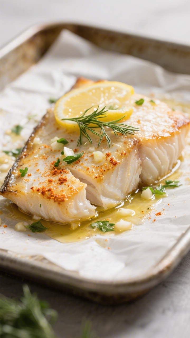 Close-up detail: Tender baked halibut just out of the oven at 400°F, surface glistening with melted