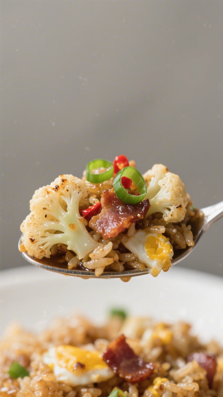 Cauliflower Fried Rice Keto - Fast, Flavorful, and Low-Carb 4 Close-up detail — Tight macro of a spoonful lifted from the plated Cauliflower Fried Rice: distinc