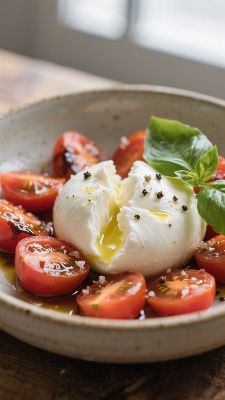 Close-up detail: Torn fresh mozzarella nestled among halved ripe cherry tomatoes, glossy with extra-
