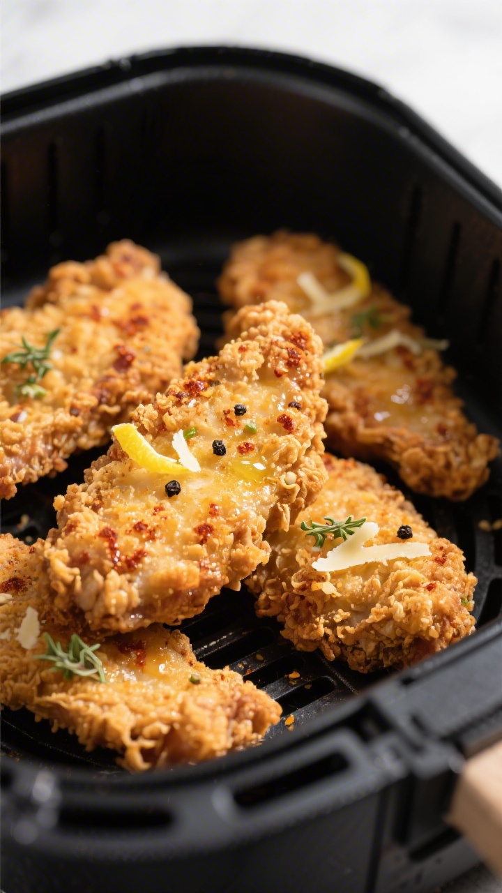 Close-up detail: Ultra-crispy air-fried chicken tenders just out of the basket, golden pork-rind–a