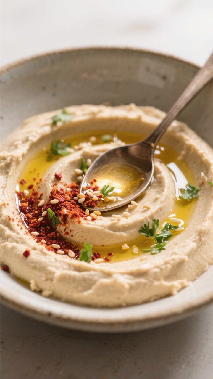 Hummus With Veggie Sticks and Gluten Free Crackers – A Fresh, Easy Snack Platter 2 Close-up detail: Ultra-smooth hummus just blended and swirled in a shallow ceramic bowl, glossy oliv