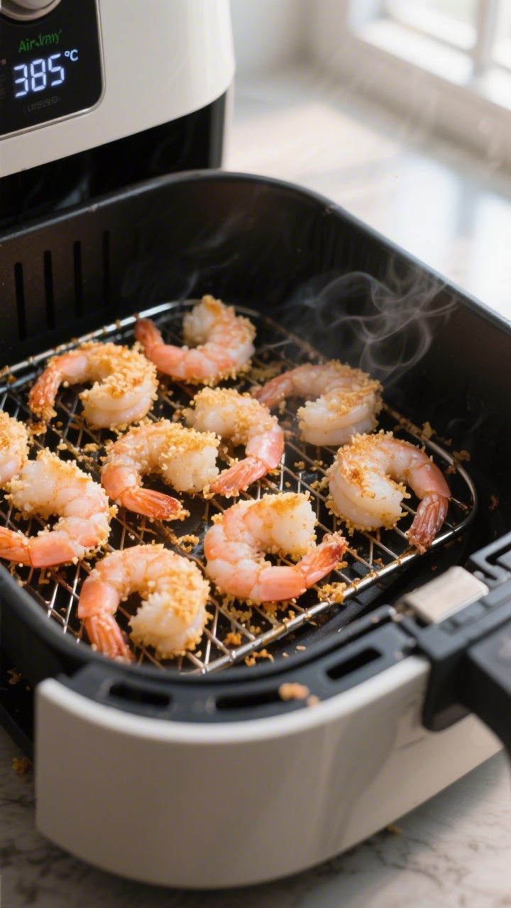 Cooking process: Air-fried coconut-panko shrimp in an open air fryer basket, evenly spaced in a sing