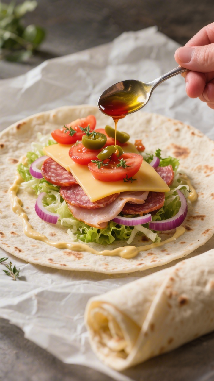 Cooking process: Assembly shot of the wrap in progress on parchment, tortilla warmed and flexible wi