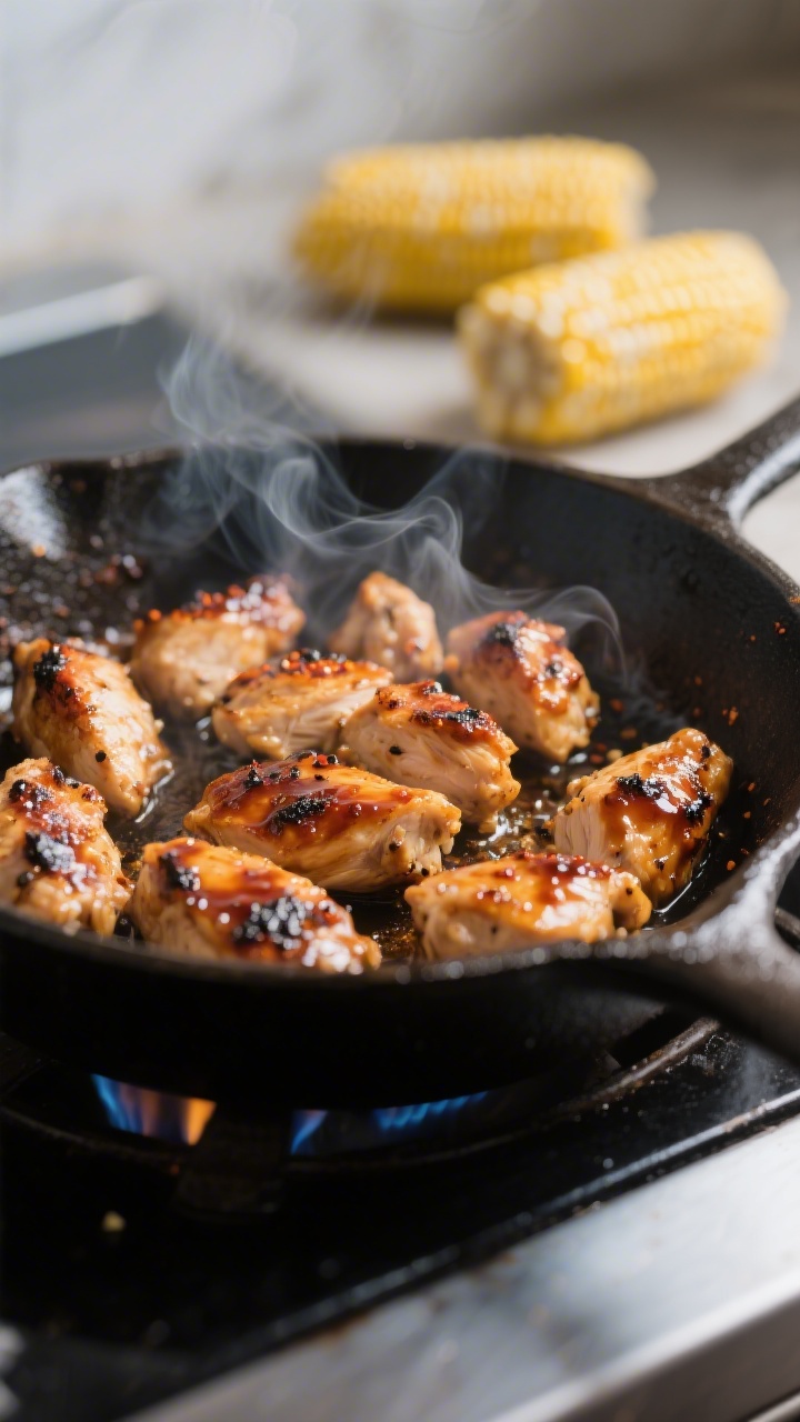 Cooking process – BBQ chicken in skillet: Close-up of bite-size chicken pieces sizzling in a cast-