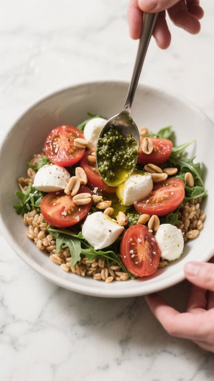 Cooking process: Caprese-style bowl being assembled—warm farro layered over a bed of arugula, then