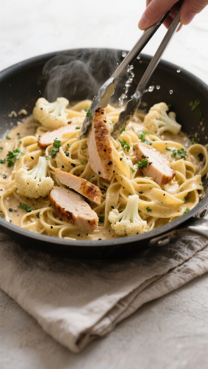 Cooking process: Cauliflower fettuccine and sliced chicken being tossed together in the skillet with