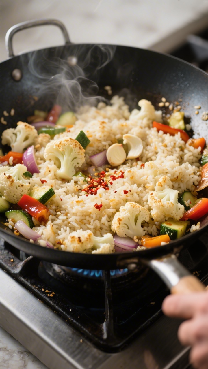 Cauliflower Fried Rice Keto - Fast, Flavorful, and Low-Carb 2 Cooking process — Cauliflower fried “rice” searing in a carbon-steel wok over medium-high heat