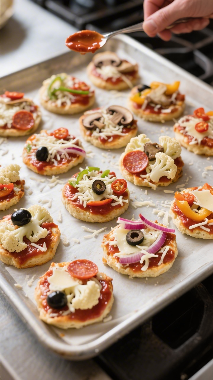 Cooking process: Cauliflower “pizza” bites mid-assembly on the baking sheet—each round topped 