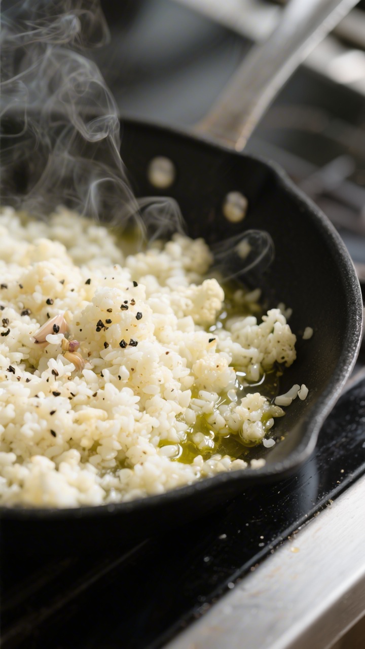 Low Carb Spicy Tuna Bowl - Fresh, Fast, and Satisfying 2 Cooking process — cauliflower rice: Close-up of steaming, sautéed cauliflower rice in a matte bla