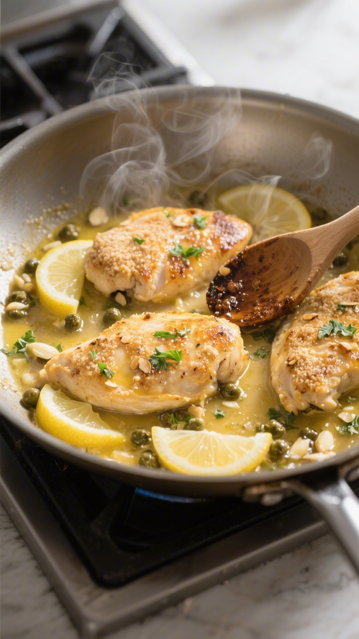 Cooking process — chicken piccata in the pan: Golden seared chicken cutlets (almond-flour lightly 