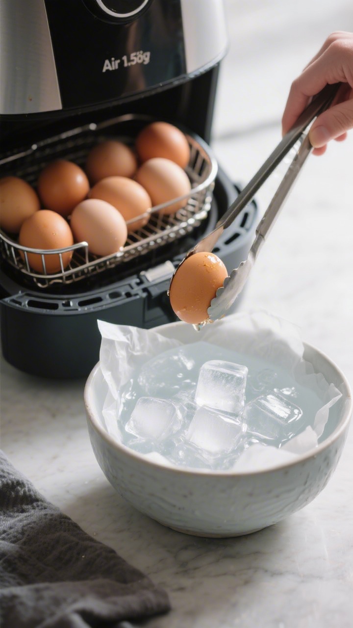 Cooking process close-up: Air fryer basket with a single layer of cooked hard-boiled eggs just finis