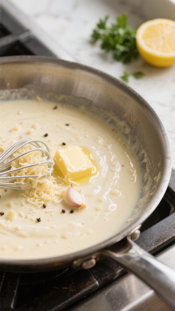Cooking process close-up: Alfredo sauce coming together in a stainless skillet—melted butter shimm