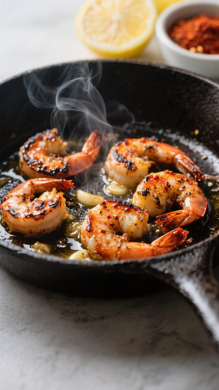 Cooking process close-up: Blackened shrimp searing in a hot cast-iron skillet, single even layer, vi