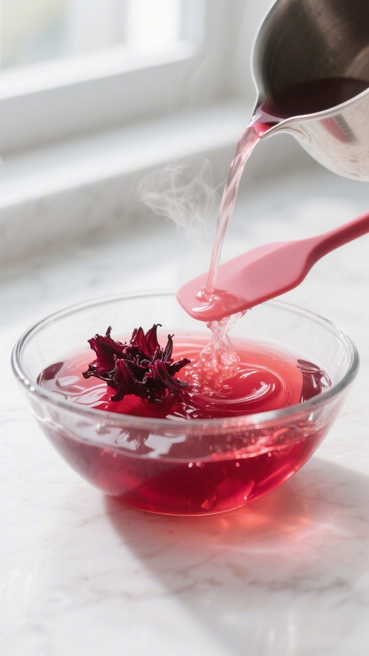 Cooking process close-up: Bloomed unflavored gelatin dissolving as steaming-hot hibiscus tea is pour