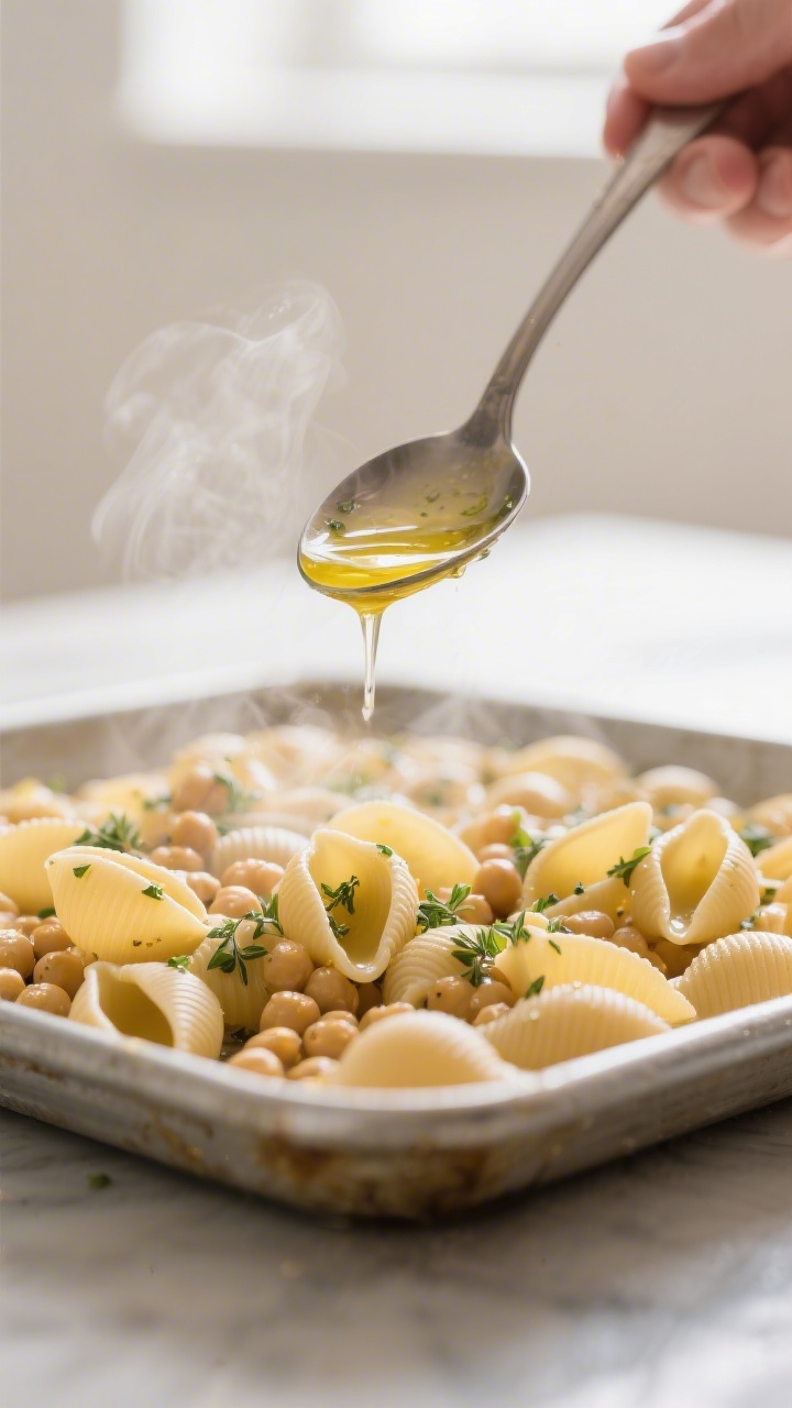 Cooking process, close-up detail: Drained chickpea pasta shells cooling on a sheet pan, lightly glis