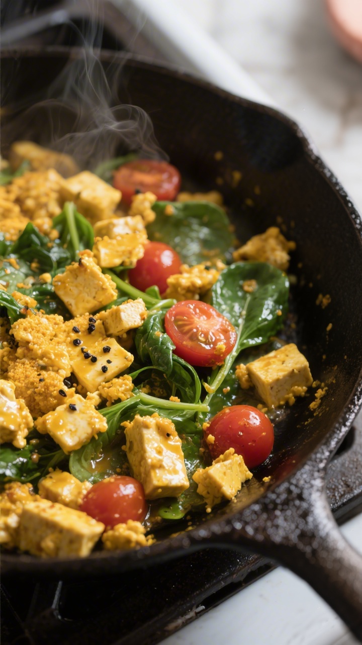 Cooking process, close-up detail: Golden tofu scramble sizzling in a well-seasoned cast-iron skillet