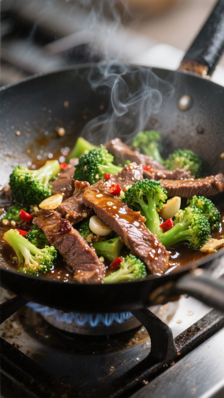 Cooking process, close-up detail: Sizzling beef and broccoli stir-fry mid-cook in a seasoned wok, th
