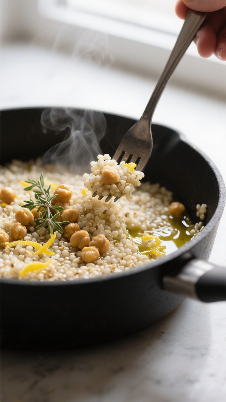 Cooking process, close-up detail: Warm quinoa being fluffed with a fork in a matte black saucepan, s