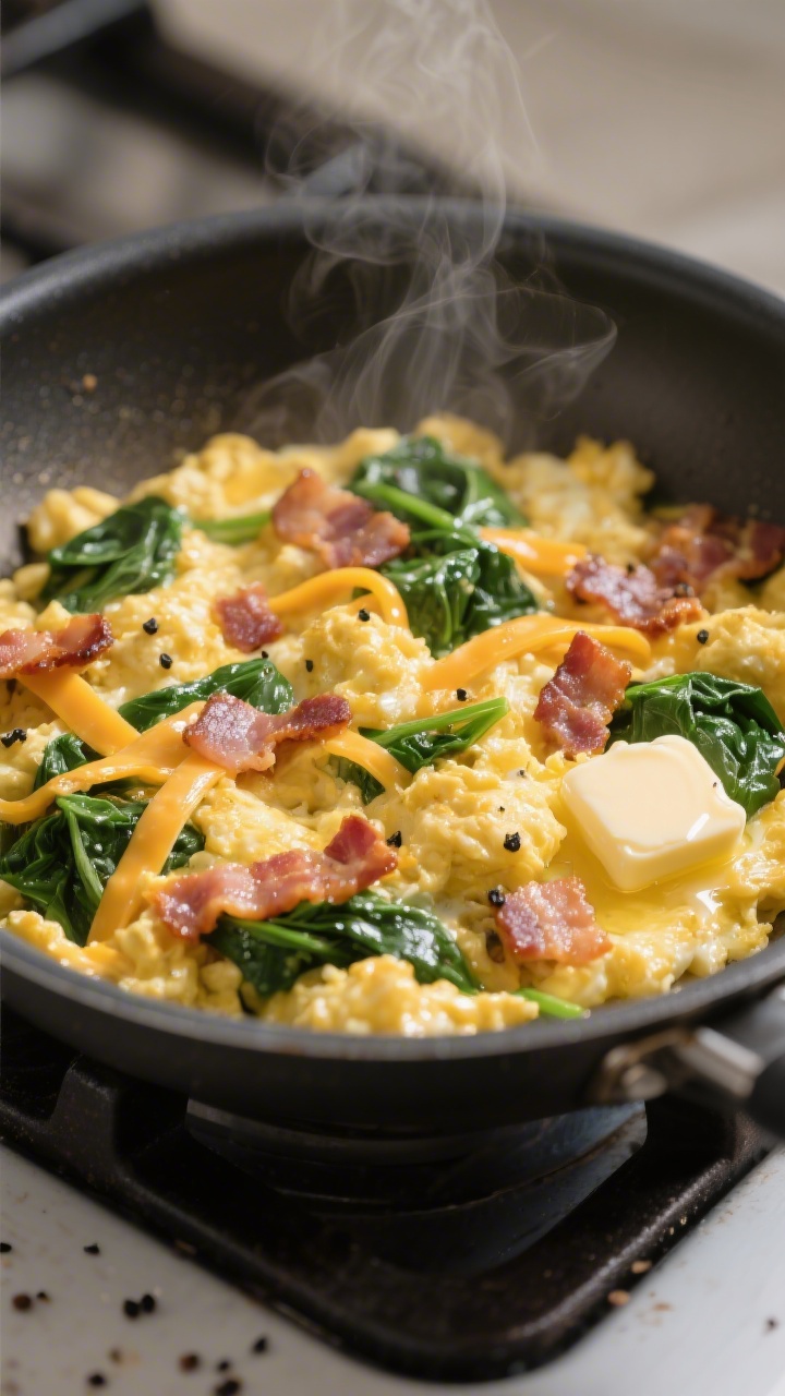 Cooking process close-up: Fluffy skillet egg scramble with wilted spinach, melted cheddar ribbons, a