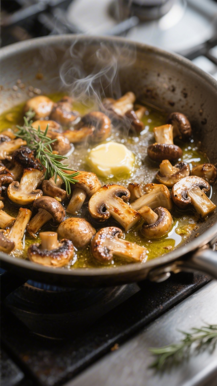 Cooking process, close-up: Golden-browned mixed mushrooms (cremini and shiitake) sizzling in a wide,