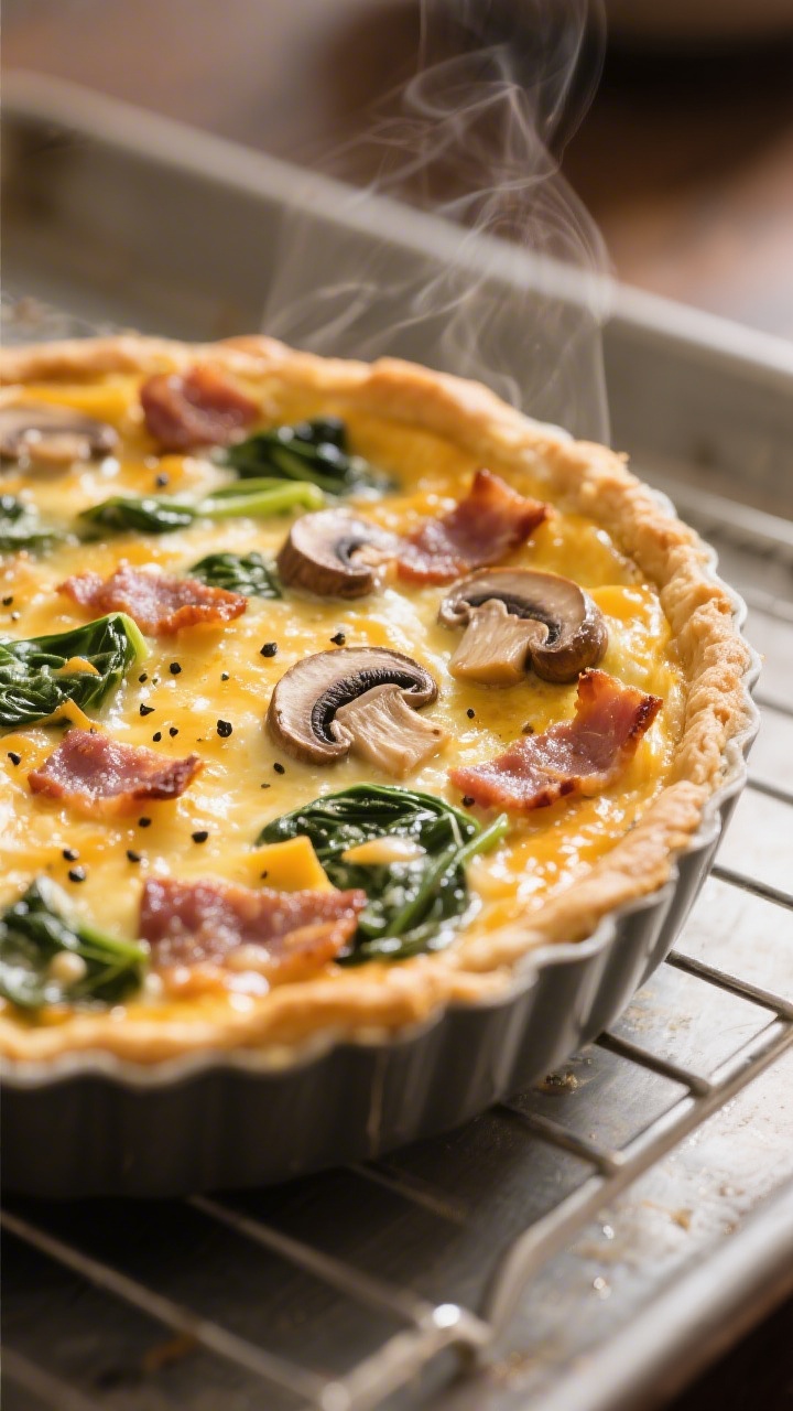 Cooking process, close-up: Golden crustless keto quiche just pulled from the oven in a 9-inch pie di