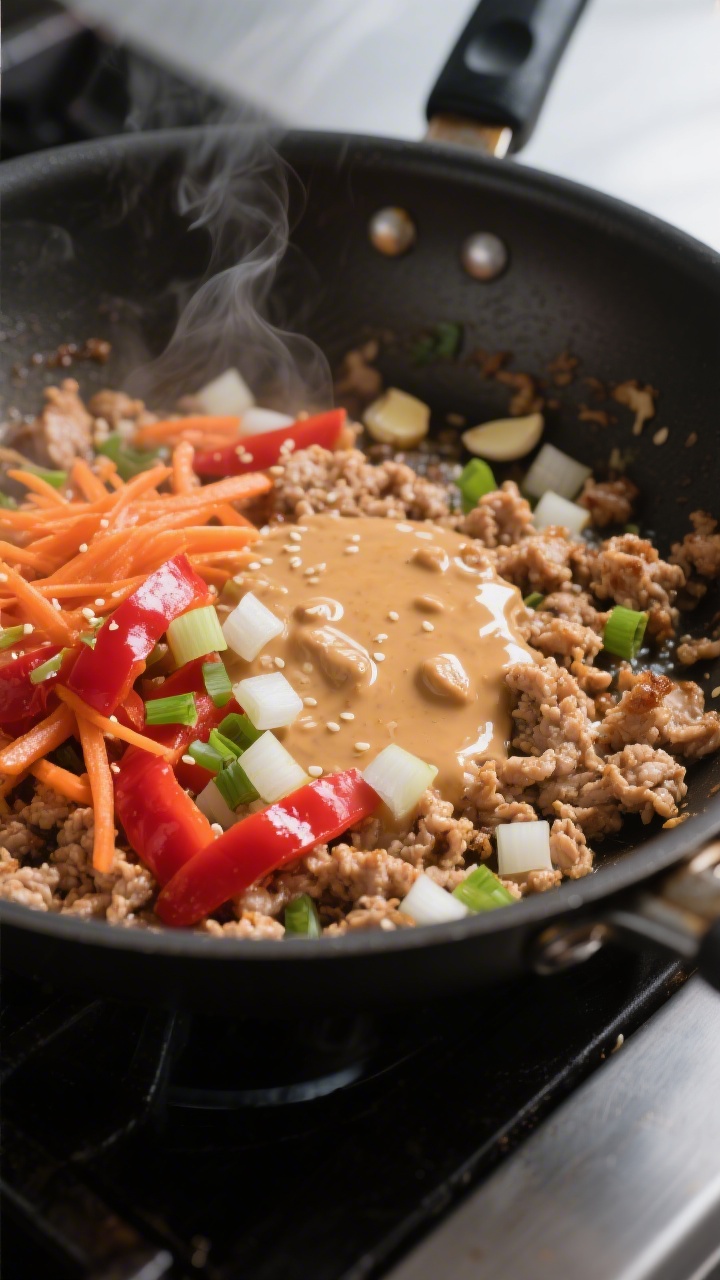 Cooking process close-up: Ground chicken browning in a large skillet with softened diced onion, minc