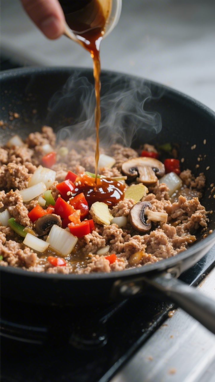 Cooking process close-up: Ground chicken sizzling in a large skillet with translucent diced onions, 