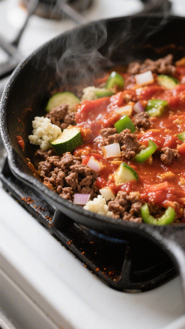 Cooking process close-up: In-skillet low carb enchilada filling sizzling after seasoning—browned g