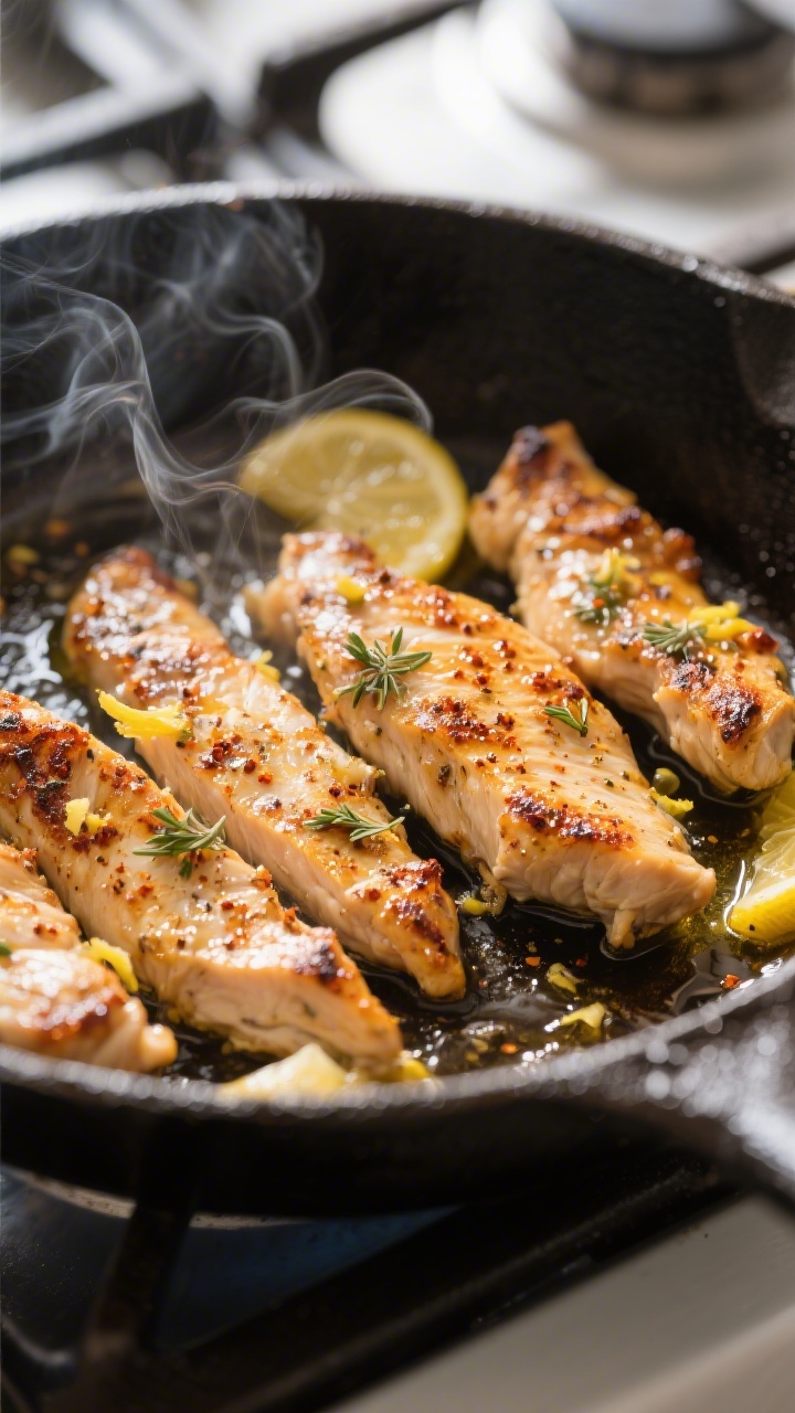 Low Carb Garlic Chicken Wraps - Easy, Flavor-Packed, and Satisfying 2 Cooking process close-up: Juicy garlic-lemon marinated chicken strips sizzling in a cast-iron skille