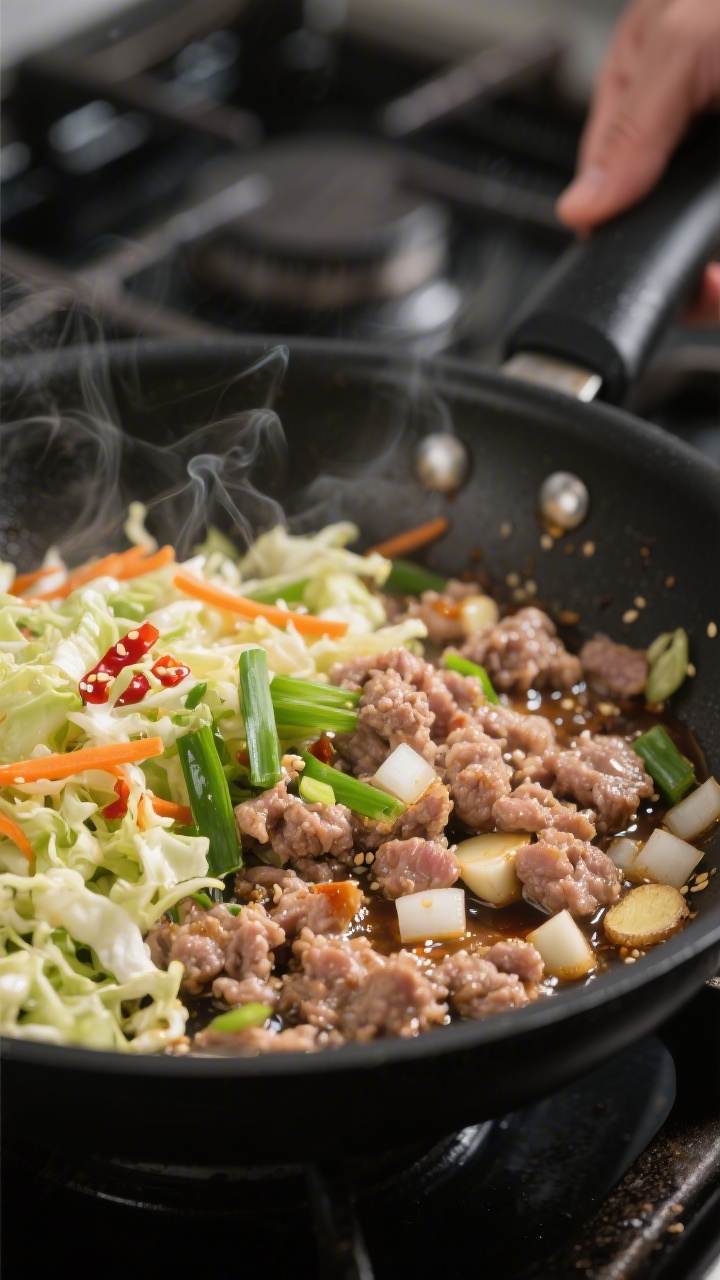 Cooking process, close-up: Juicy ground pork sizzling in a wide black skillet with softened diced on