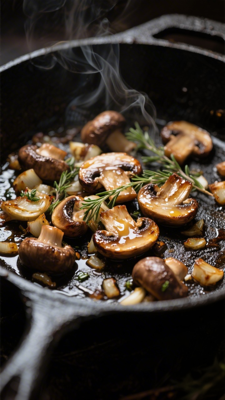 Cooking process close-up: Sautéed cremini mushrooms and minced shallot and garlic in a black cast-i