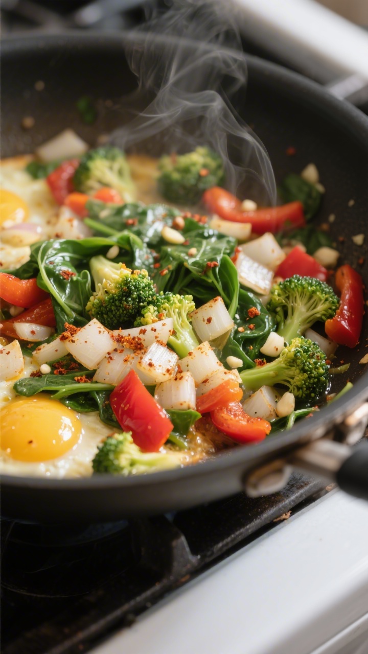 Cooking process, close-up: Sautéed veggie medley for low carb egg casserole sizzling in a stainless
