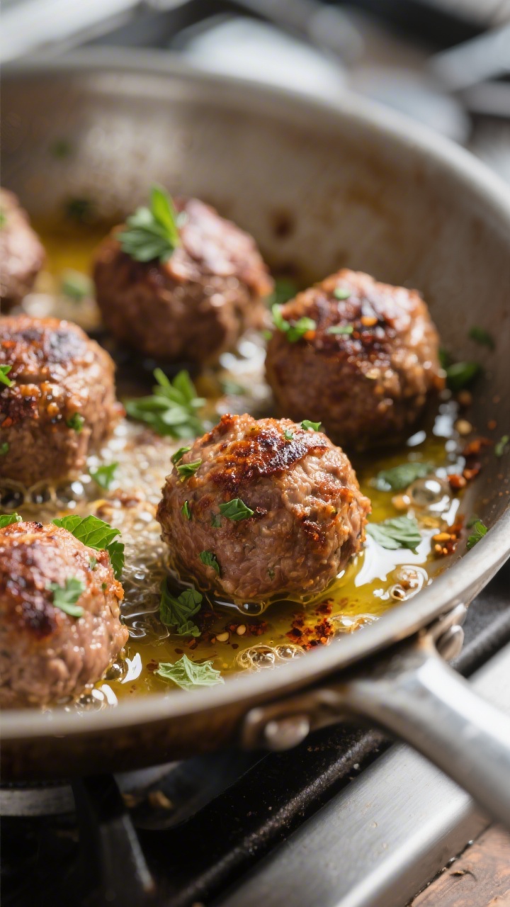 Cooking process, close-up sear: Close-up of browned lamb meatballs sizzling in an oven-safe skillet,