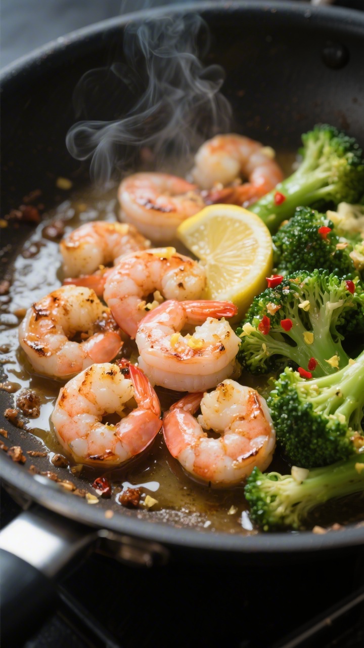 One Pot Shrimp Broccoli Keto - Fast, Flavorful, and Low-Carb 2 Cooking process close-up: Sear-kissed shrimp in a large skillet, just-cooked and pink with light cha