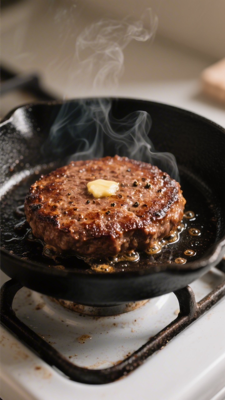 Cooking process, close-up: Searing a single oval Salisbury steak patty in a small black skillet, dee