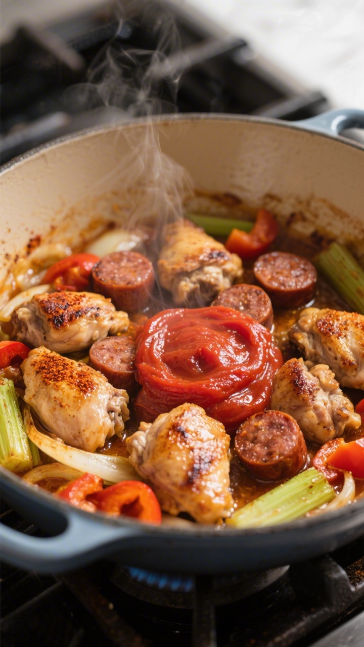 Cooking process close-up: Searing coins of browned andouille sausage and bite-size chicken thighs in