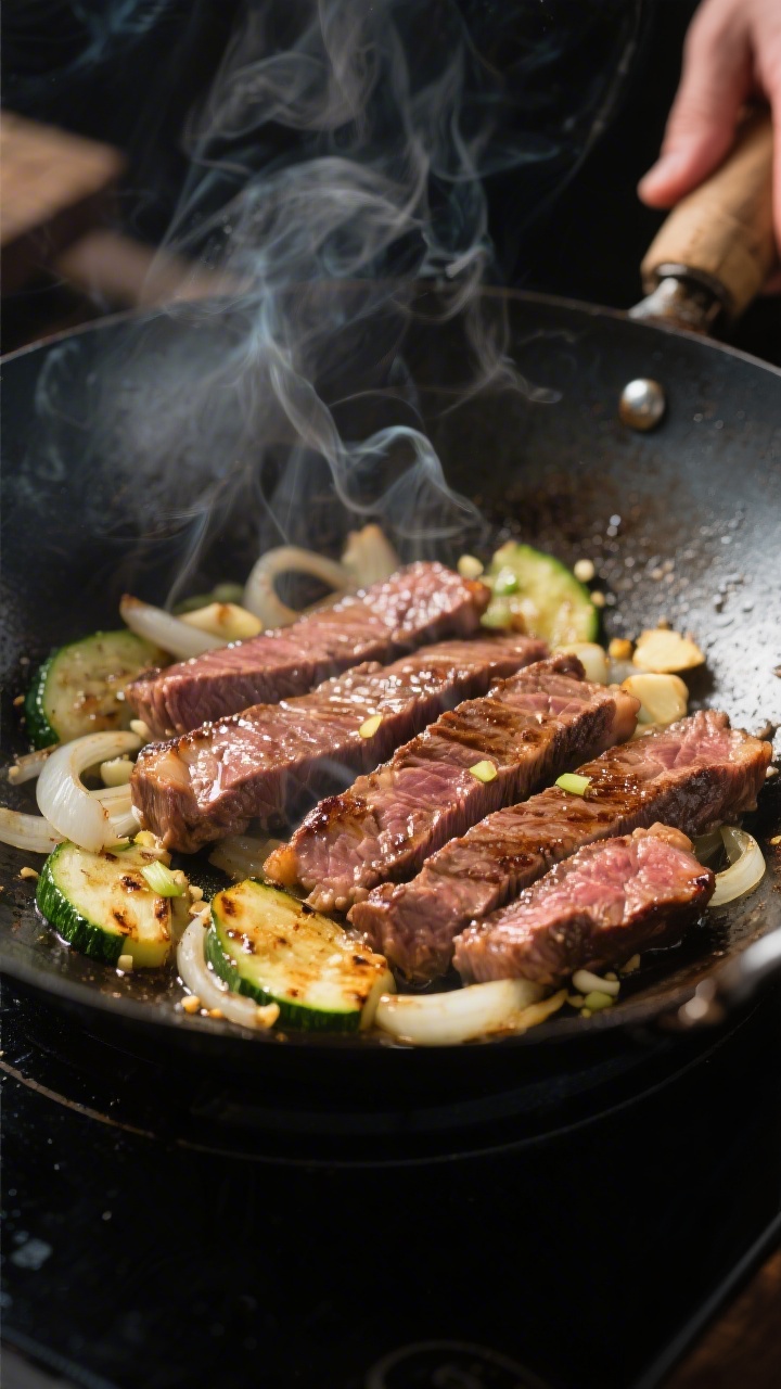 Cooking process, close-up: Searing thinly sliced flank steak in a wok over medium-high heat, edges c