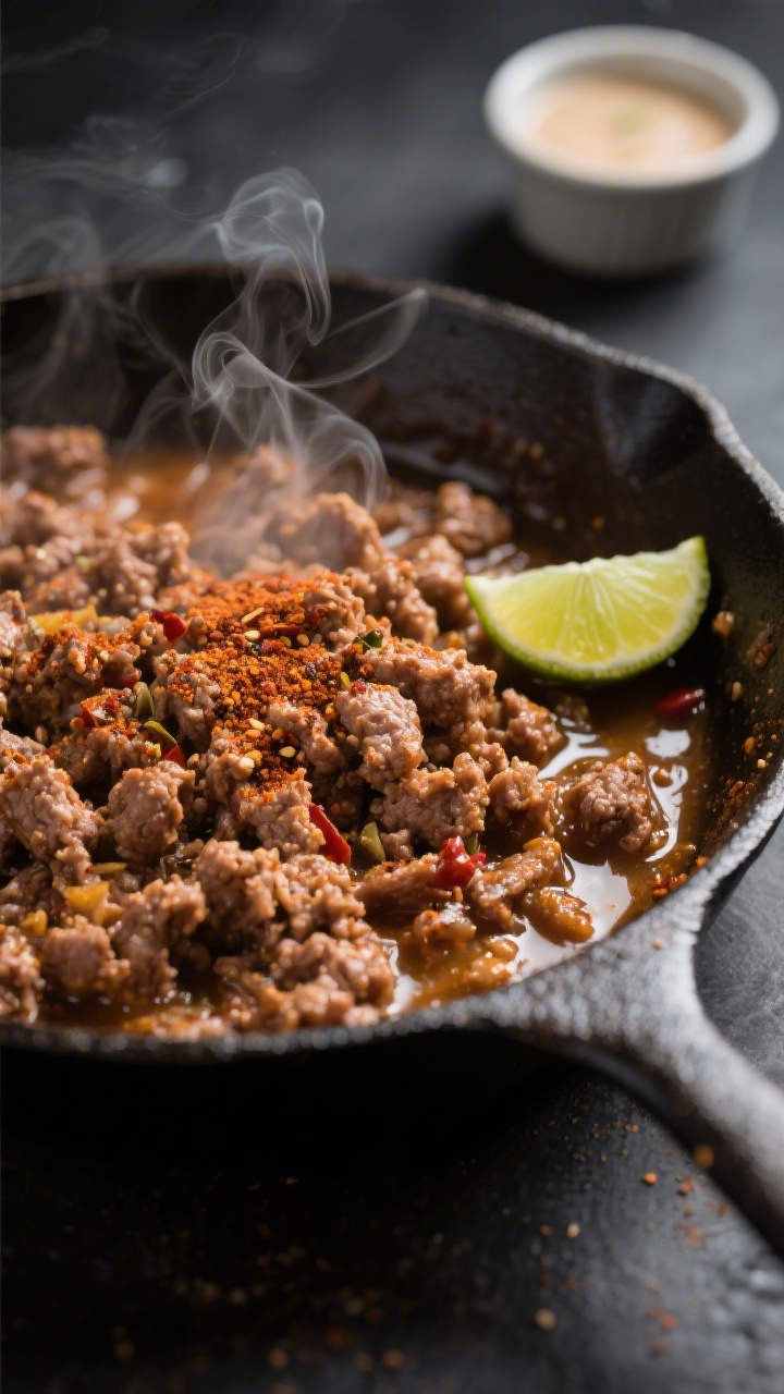 Cooking process close-up: Seasoned ground beef (or turkey) simmering in a skillet with taco seasonin