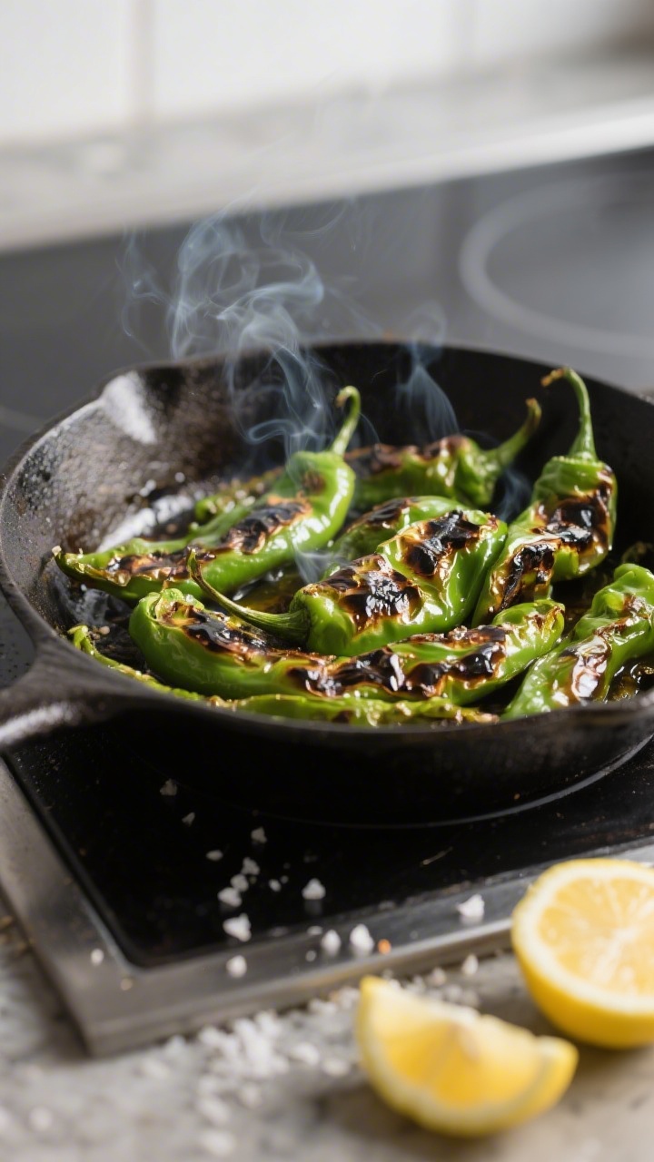 Cooking process close-up: Shishito peppers blistering in a ripping-hot cast-iron skillet, vivid char