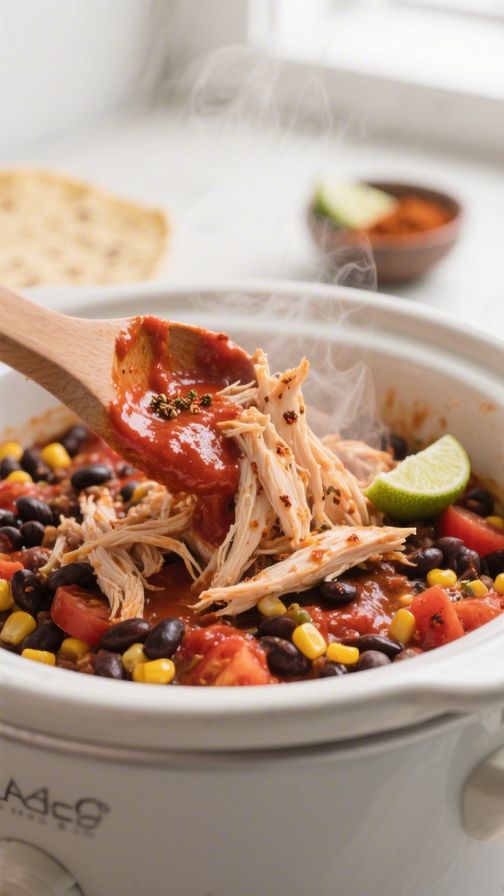 Cooking process close-up: Shredded slow-cooker chicken being folded back into its saucy mixture of t