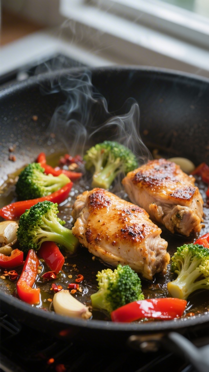 Cooking process, close-up: Sizzling chicken thigh pieces browning in a medium skillet with olive oil
