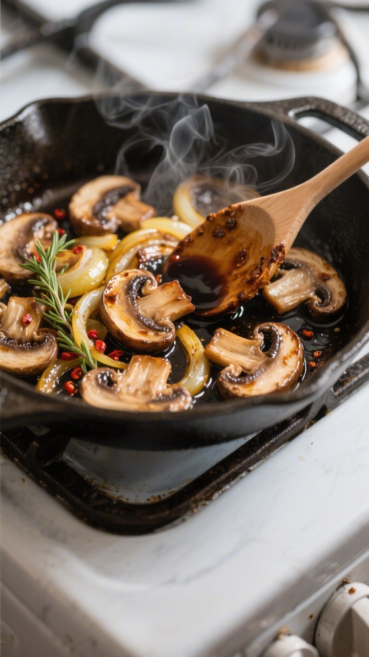 Cheesy Portobello Chicken - Comforting, Savory, and Weeknight Easy 2 Cooking process close-up: Sliced portobello mushrooms and golden onions sizzling in an oven-safe ski