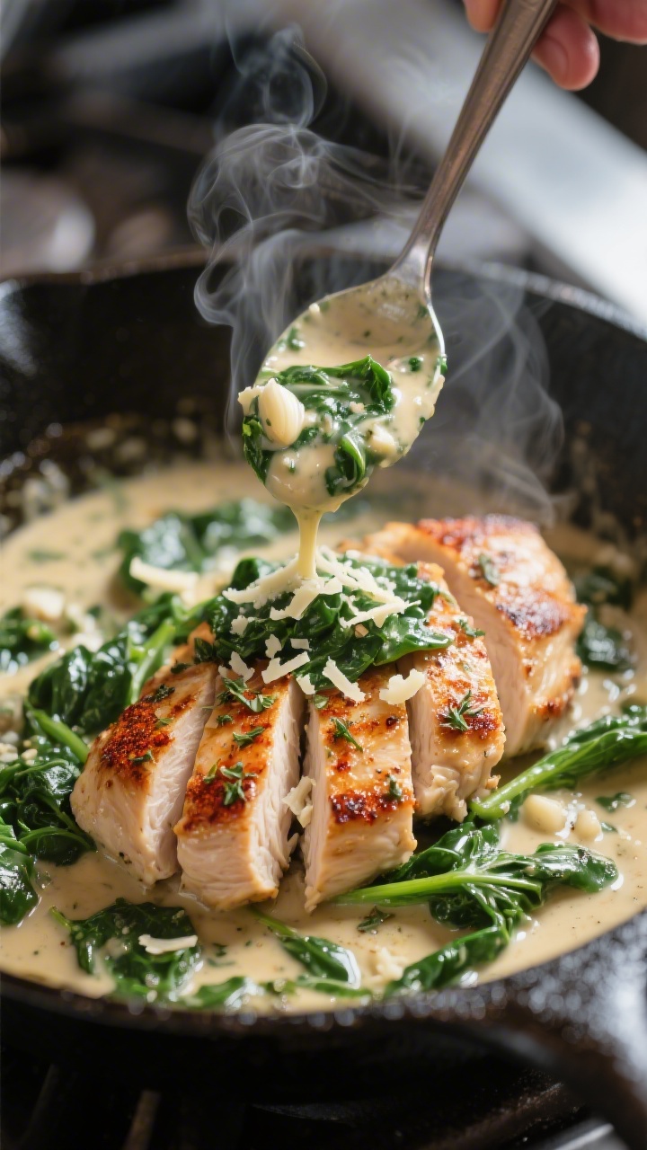 Cooking process close-up: Sliced, well-seared chicken breasts resting on a warm skillet as creamy ga